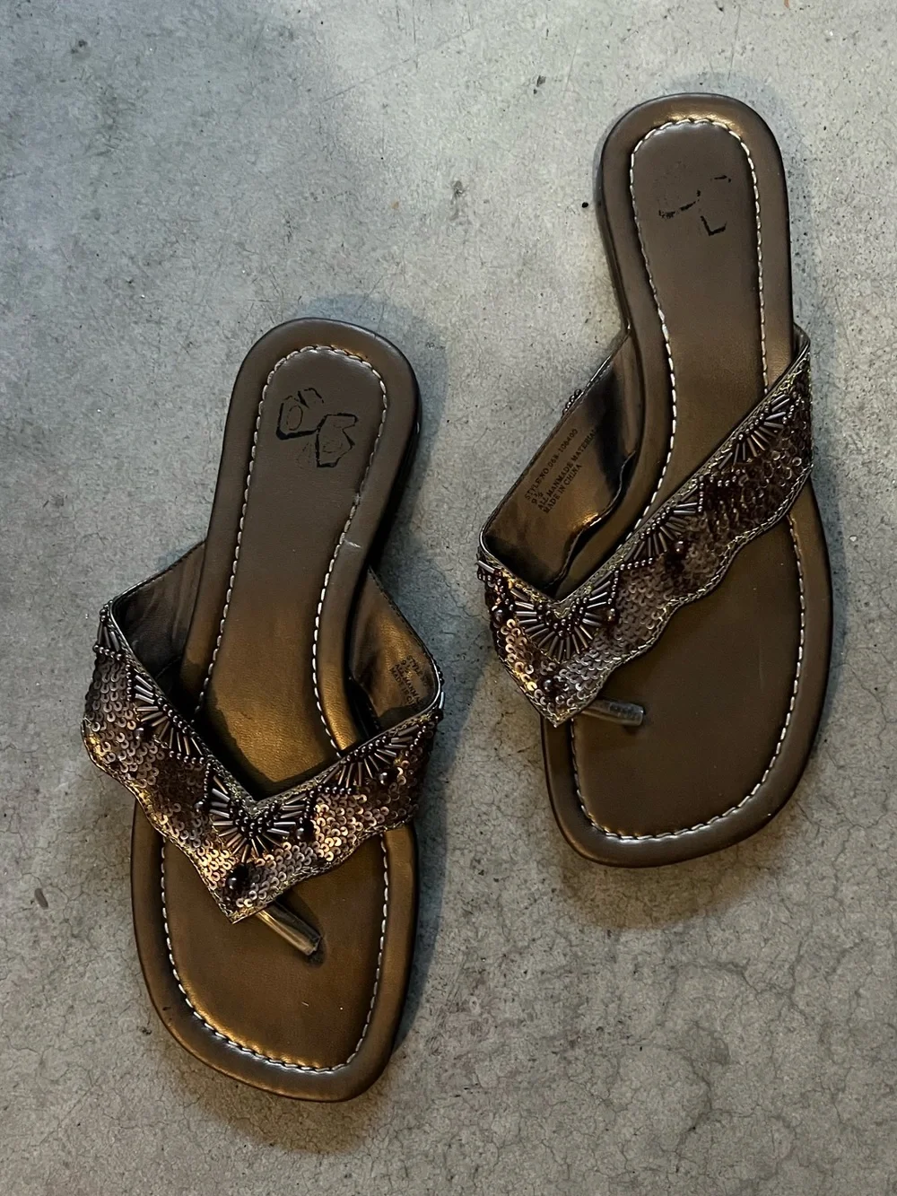 Women's Bronze Beaded Thong Sandals